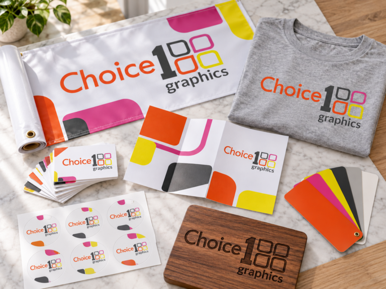 Choice1Graphics print work: business cards, brochure, printed T-shirt, vinyl banner, stickers and engraved wood plaque