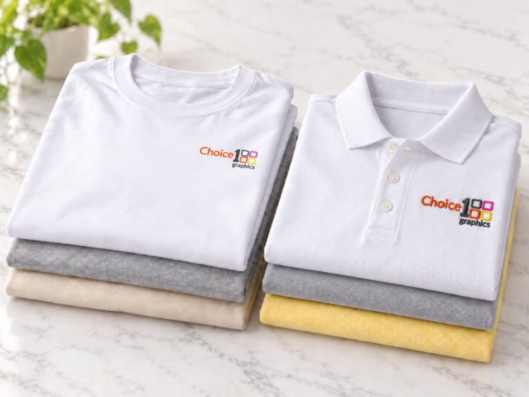 Stacks of custom printed T-shirts and embroidered polo shirts
