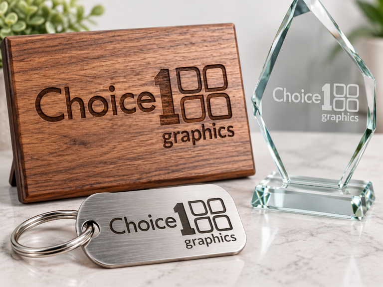 Engraved wood plaque, glass award and metal tag