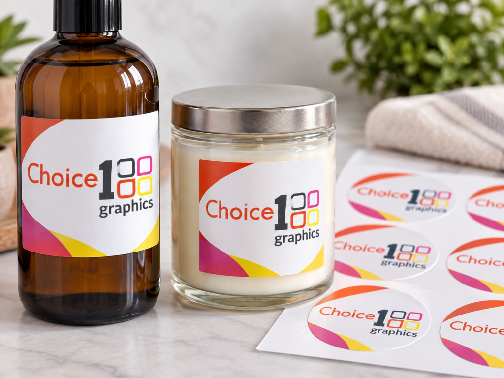 Custom printed labels on a bottle and jar with a sheet of round stickers
