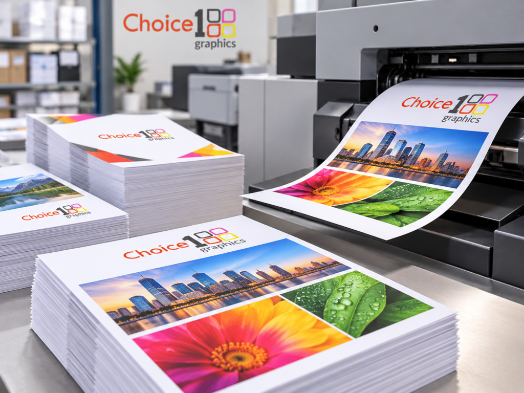Color copies coming off a digital printer next to stacks of finished prints