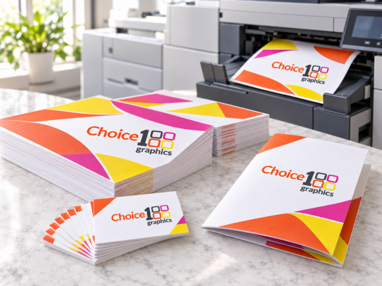 Digital printer producing full-color flyers next to stacks of business cards and brochures