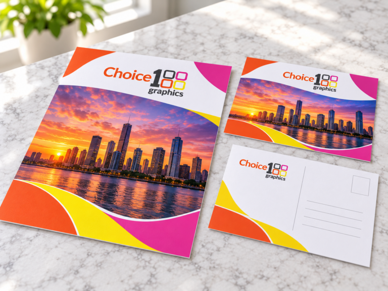 Full-color printed flyer and matching postcards