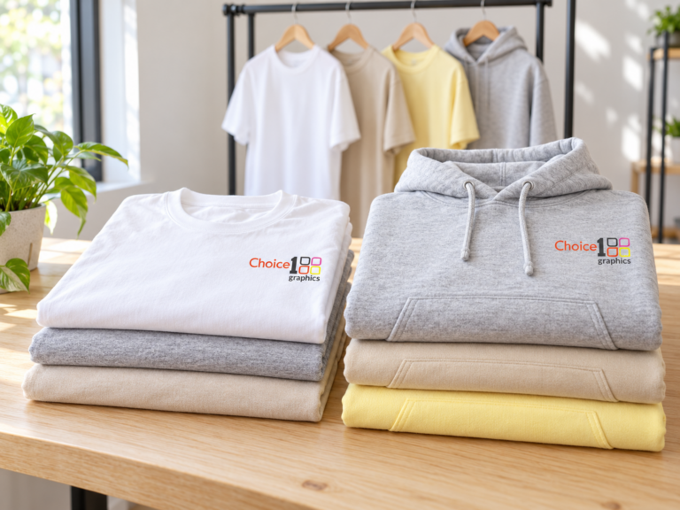 Custom printed T-shirts and hoodies on display at Choice1Graphics