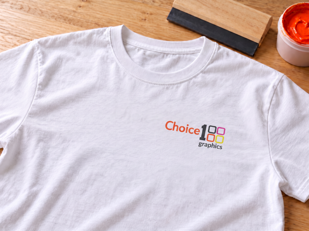 White T-shirt with a screen-printed left-chest logo