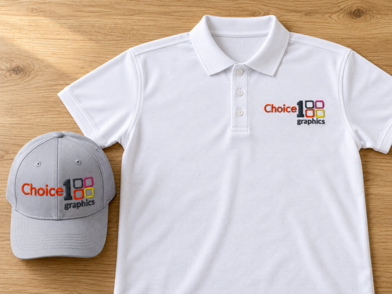 Embroidered logo on a white polo shirt and gray baseball cap