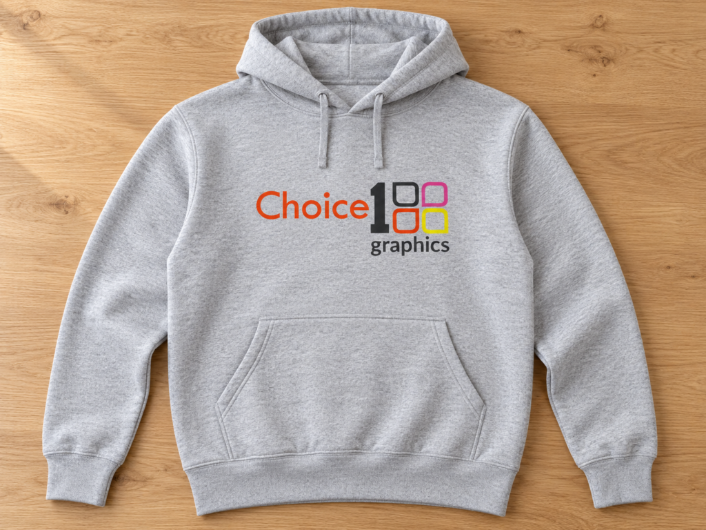Heather gray hoodie with a screen-printed chest logo
