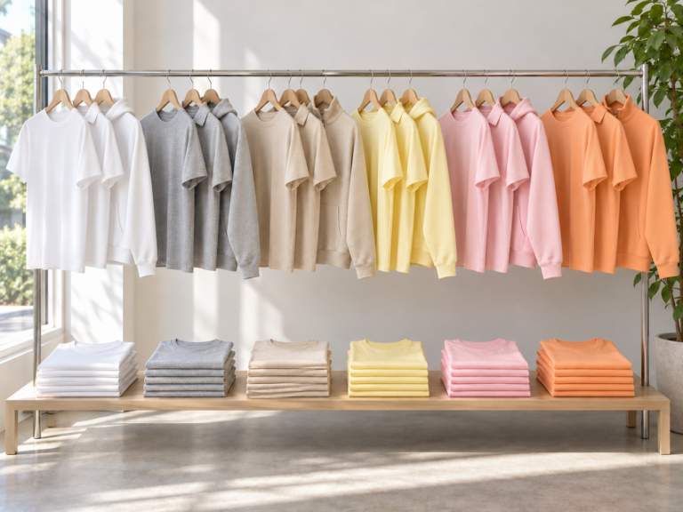 Rack of blank stock T-shirts, polos and hoodies in assorted colors