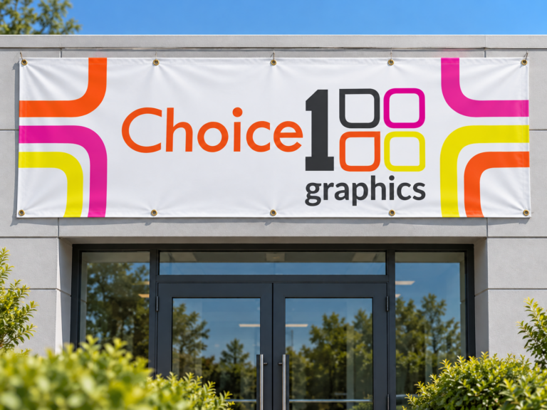 Large vinyl banner installed on a building above the entrance