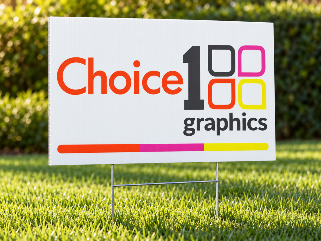 Printed yard sign on a wire stake in a green lawn
