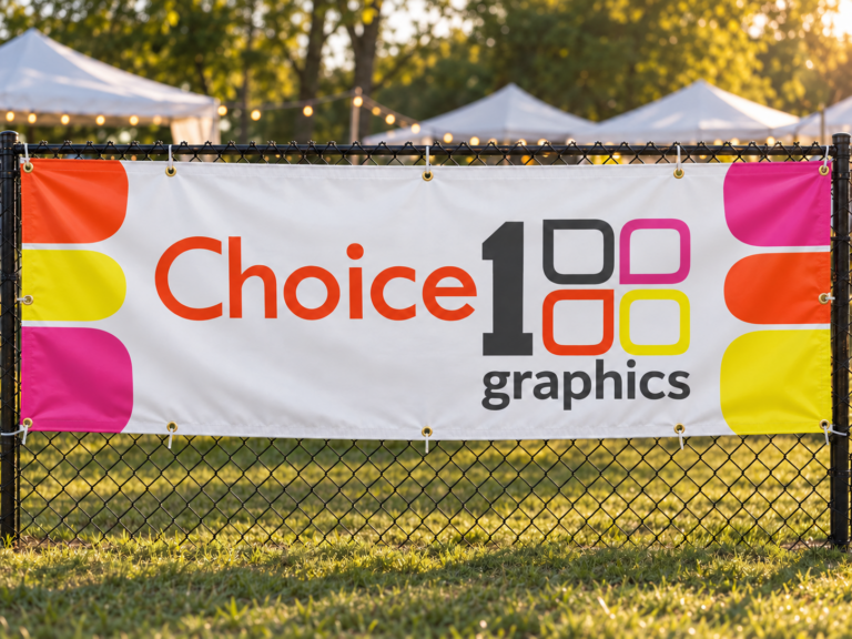 Vinyl event banner zip-tied to a fence at an outdoor event