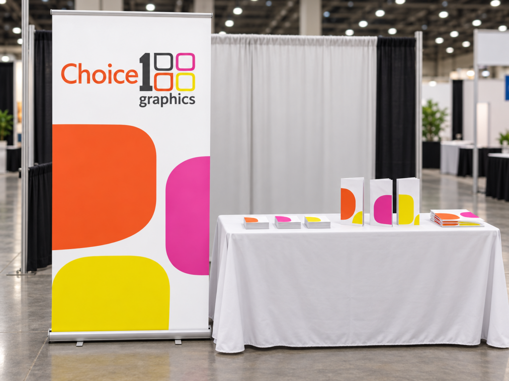 Trade show booth with a retractable banner stand and printed materials