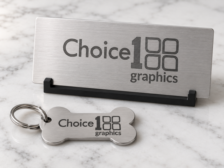Laser-engraved metal pet tag and desk nameplate