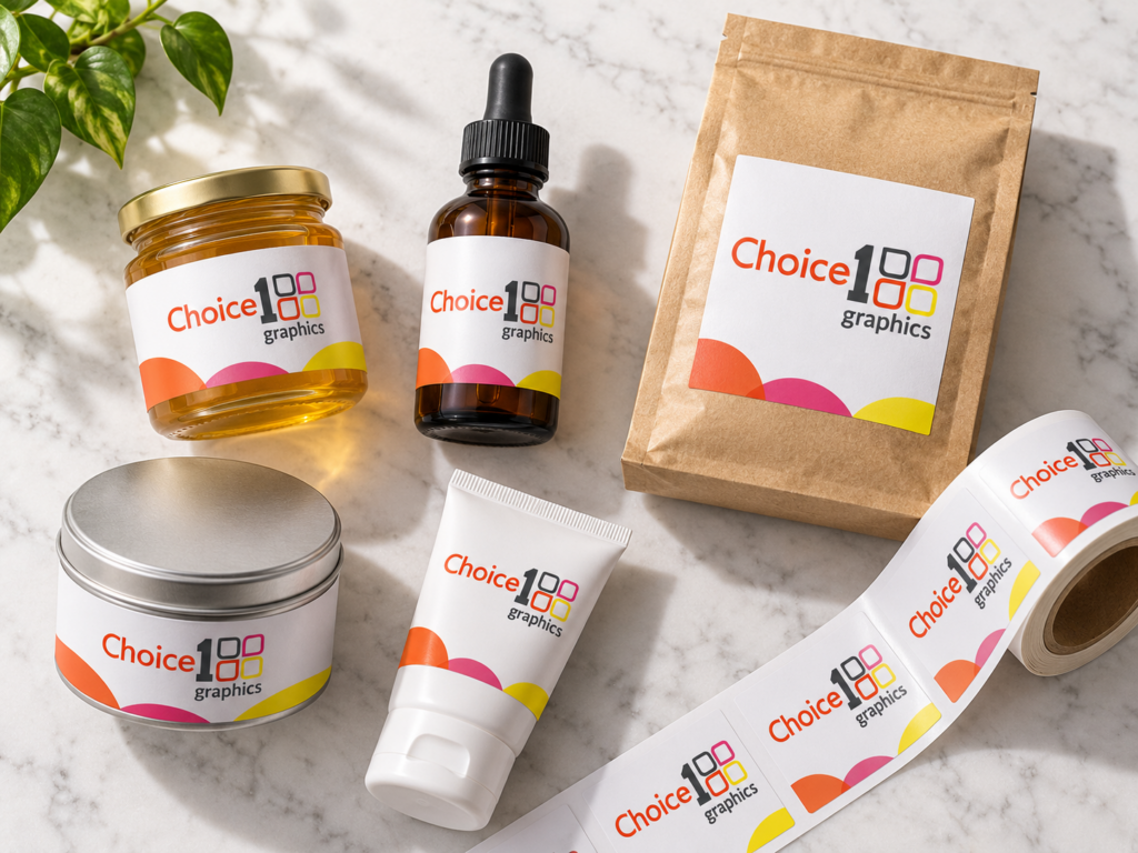 Custom printed labels on jars, bottles, a coffee bag and candle tin