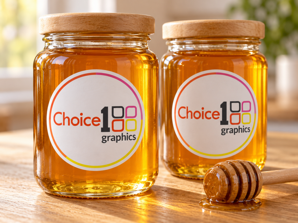 Honey jars with custom round printed labels