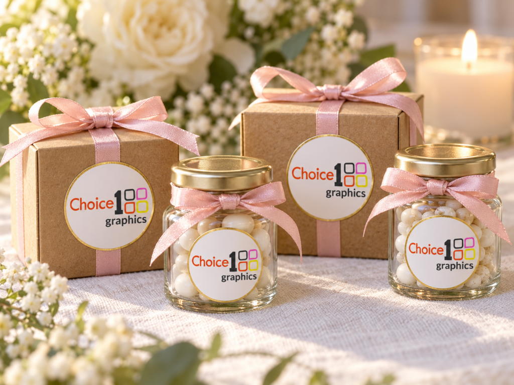 Wedding favor boxes and jars sealed with custom sticker labels