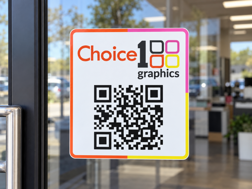 Custom vinyl QR code sticker on a shop door