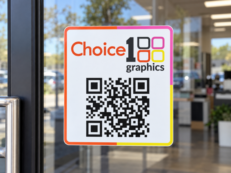 Custom vinyl QR code sticker on a shop door