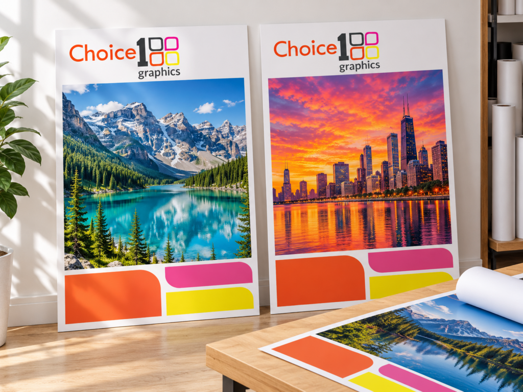 Large-format printed posters in a print shop